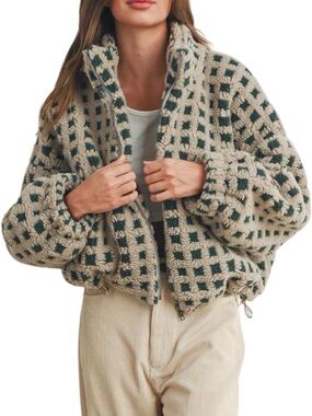 Cozy Checkered Sherpa Zip Jacket - Beige & Forest Green